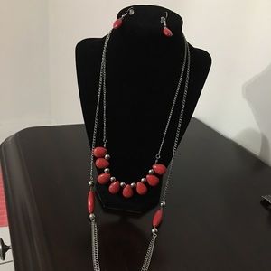 New Red and silver necklace with earrings